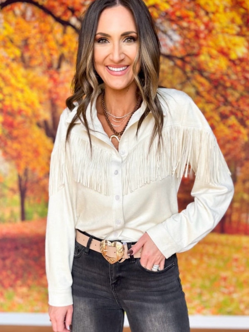 Cream Fringe Button-Down Shirt with Western Detail